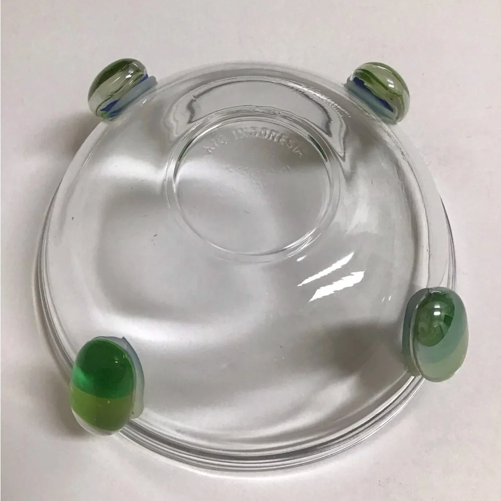 Art Glass Condiment Dish Blue Green Pebble Wire Wrapped Spoon Sea KIG Indonesia